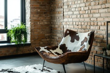 Cozy leather chair with a cow print upholstery placed in a modern loft interior. Exposed brick walls, natural light from a large window, and a green plant create a warm and stylish atmosphere