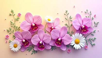Elegant Pink Orchids and Daisies A Pastel Floral Arrangement