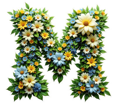 Floral letter M with yellow white and blue flowers transparent background