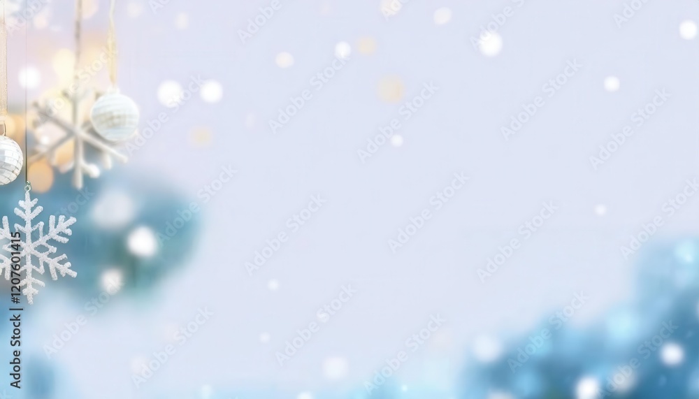 Aufkleber elegant hanging snowflake ornaments and frosted baubles on a soft blue winter background with glowin
