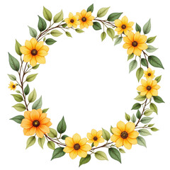 Fototapeta premium Floral wreath of yellow flowers and green leaves transparent background