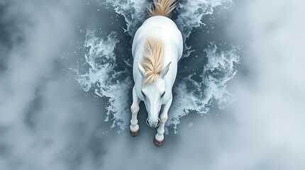 White horse leaping from water, aerial view.