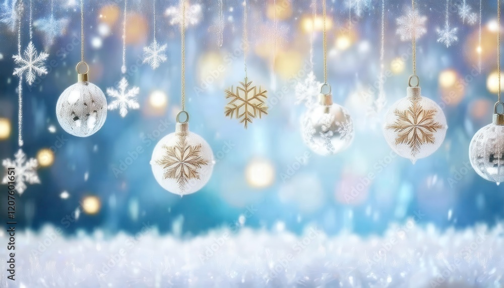 Aufkleber elegant hanging snowflake ornaments and frosted baubles on a soft blue winter background with glowin
