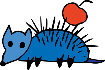 cute funny blue hedgehog with rare needles and a red apple on his back