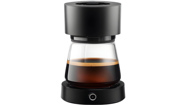 A portable coffee maker with a compact and efficient design, displayed prominently on a transparent background to emphasize its mobility and convenience 