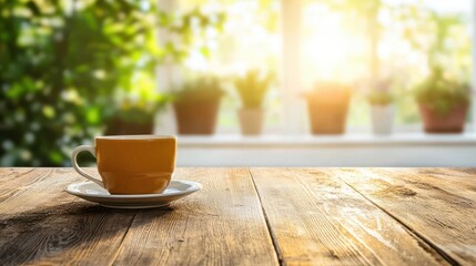 Wooden farmhouse table with vintage crockery, sunlit bokeh, rural charm and nostalgia