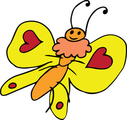 happy smiling flying yellow butterfly with red hearts on its wings