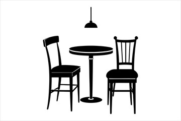 A table and chair silhouette vector illustration. Silhouettes Chairs and Table. Interior of the cafe. Vector Black Illustration Isolated On White Background.