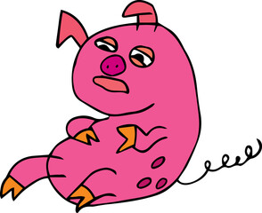 funny tired little pink pig with curled tail and closed eyes lies and holds belly