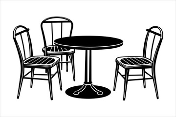 A table and chair silhouette vector illustration. Silhouettes Chairs and Table. Interior of the cafe. Vector Black Illustration Isolated On White Background.