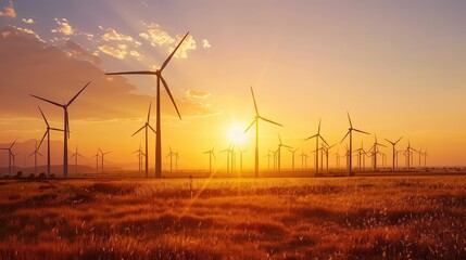 Obraz premium Majestic Sunset Over a Wind Farm Showcasing Renewable Energy