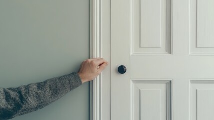 Hand knocking on a white interior door.