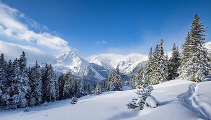 Fototapeta premium snow covered mountains and pine trees in a winter wonderland snowy landscape winter mountains pine trees cold