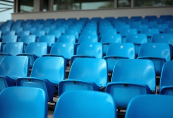 Fototapeta premium Blue tribunes. seats of tribune on sport stadium. empty outdoor arena. concept of fans. chairs for audience. cultural environment concept. color and symmetry. empty seats. modern stadium