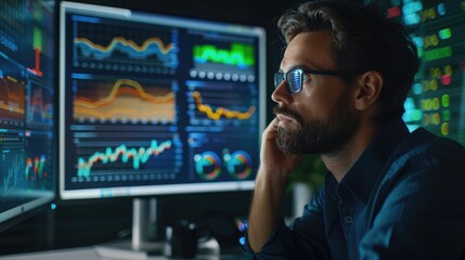 Deep Focus: Analyzing Data Trends at Night in a Modern Workspace