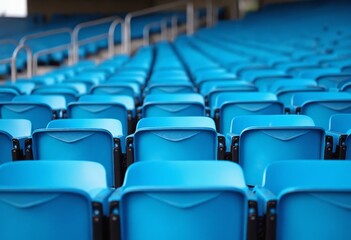Fototapeta premium Blue tribunes. seats of tribune on sport stadium. empty outdoor arena. concept of fans. chairs for audience. cultural environment concept. color and symmetry. empty seats. modern stadium