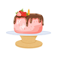 Birthday cake with a burning candle. Colorful holiday dessert. Vector hand drawn illustration with sweet foor on a plate isolated on white background