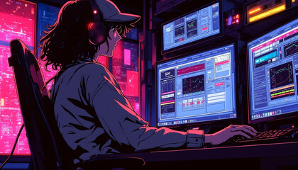 Obraz premium Cyberpunk Girl Focused on Multiple Monitors in NeonLit Room