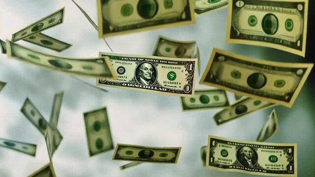 This dynamic video depicts money floating through the air. It evokes feelings of wealth and opportunity. Ideal for financial themes, marketing, or creative projects. Generative AI