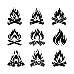 Campfire silhouette vector, burning on firewood symbol, outdoor adventure motifs, simple geometric shapes, stylized flames, graphic design elements
