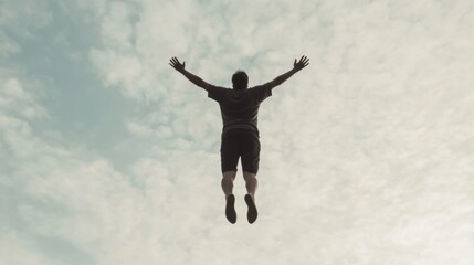 Fototapeta premium Man jumping, arms outstretched, against a cloudy sky.
