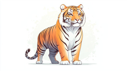 Fototapeta premium cute tiger illustration featuring majestic animal with vibrant orange and black stripes, standing confidently against light background