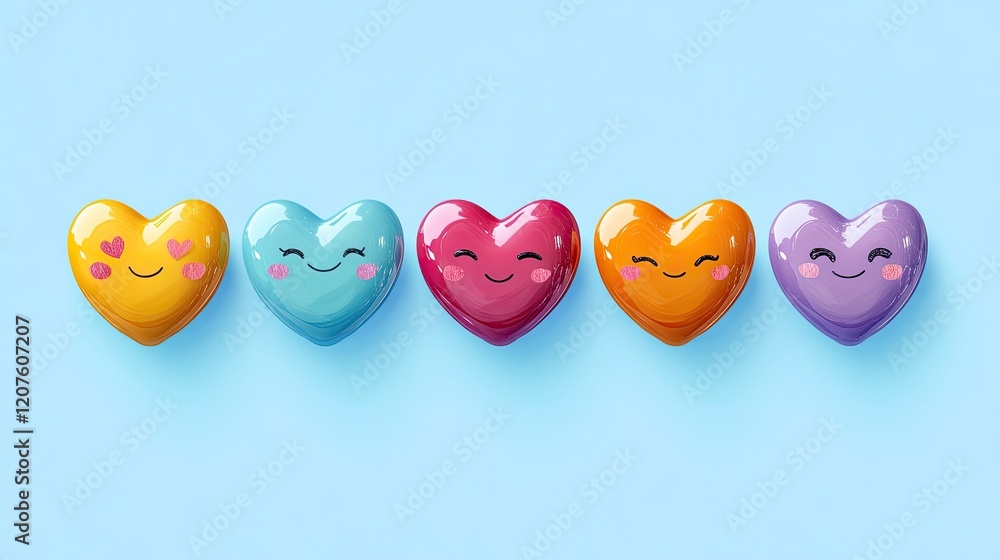 Poster a collection of colorful cartoon hearts, each with unique expressions, floating on a solid blue back
