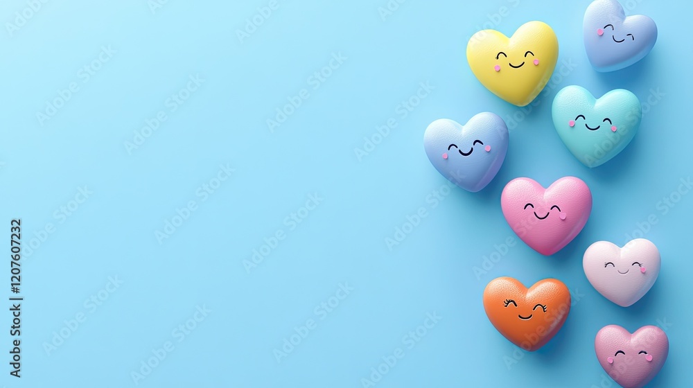 Poster a collection of colorful cartoon hearts, each with unique expressions, floating on a solid blue back