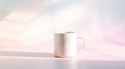 Serene Morning Coffee: A pristine white mug sits on a soft pink surface, bathed in the gentle glow of diffused sunlight, creating a calm and peaceful atmosphere.  The soft light creates a dreamy.