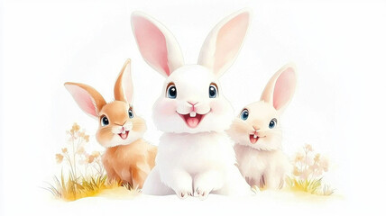 Obraz premium Happy rabbits in colorful illustration, showcasing three adorable bunnies with bright eyes and cheerful expressions, surrounded by soft grass and flowers