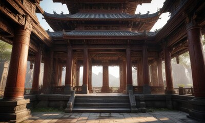 Ancient Asian temple with intricate carvings and ornate details, serene atmosphere, peaceful landscape