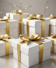 Obraz premium Close-up of white and gold gift boxes with glittery ribbon, luxury, present, Christmas, surprise, wrap