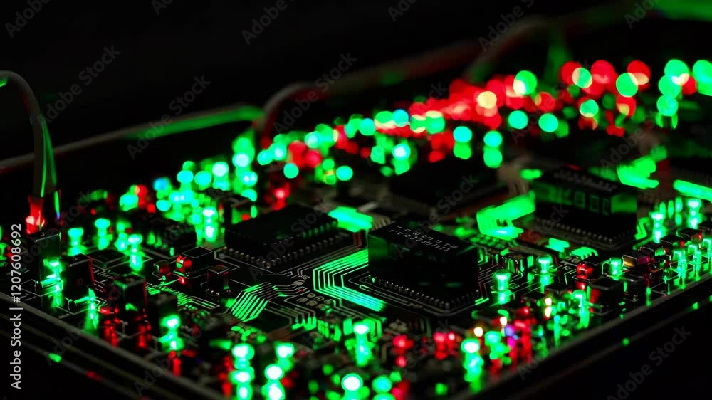 Poster circuit board with glowing red and green led lights in dark environment, technology innovation conce