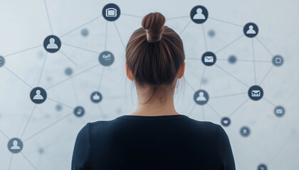 A woman observing digital connections symbolizing networking and communication.