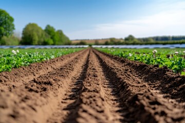 The image showcases a sunlit landscape filled with neatly plowed farm rows transitioning into rich greenery, capturing the essence of agricultural beauty and rural life.