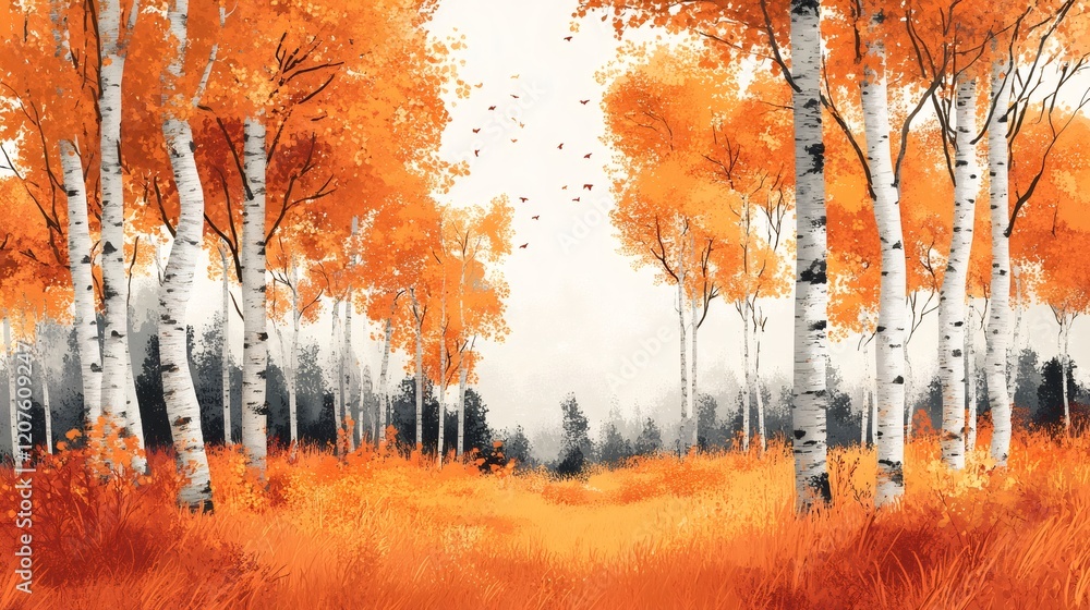 Poster birch trees with orange leaves creating a path in autumn forest