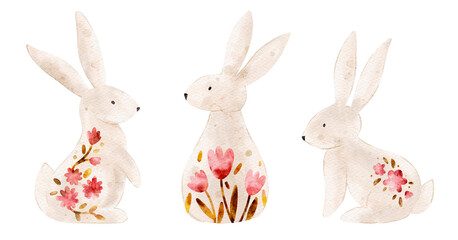 Cute Watercolor Easter Rabbit Illustration with Floral Decorations and Springtime Elements