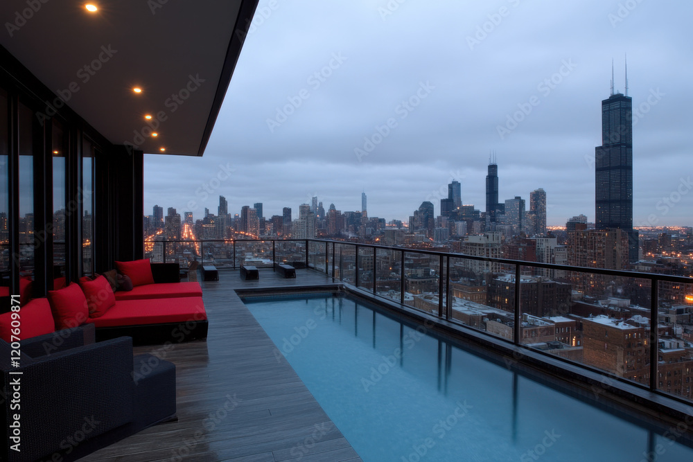 Poster a city view from a rooftop pool with a skyline in the background