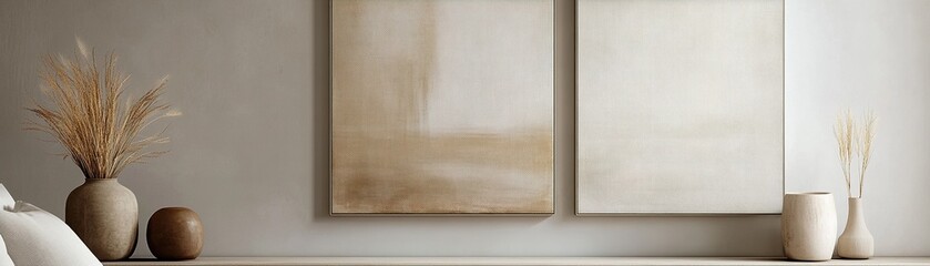This space showcases a minimalist Nordic design highlighted by abstract wall art in muted beige, taupe, and cream tones. Natural textures and an elegant aesthetic create a tranquil environment