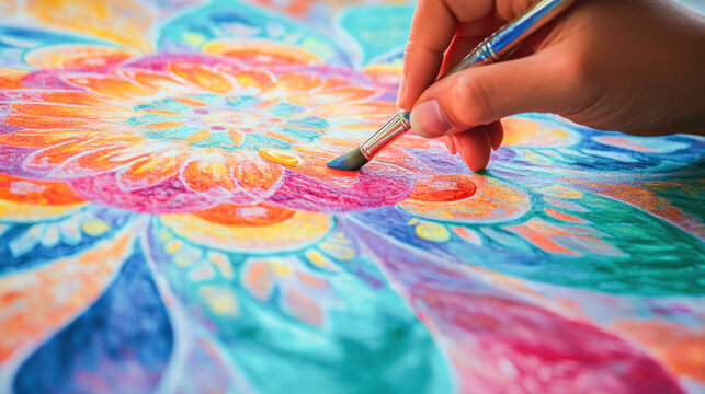 Artist painting colorful mandala with brush on canvas