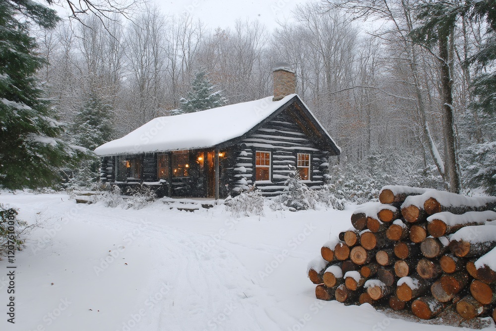 Aufkleber log cabin in snowy woods with firewood during snowfall