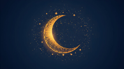 Fototapeta premium Golden crescent moon shining with stars on dark blue background