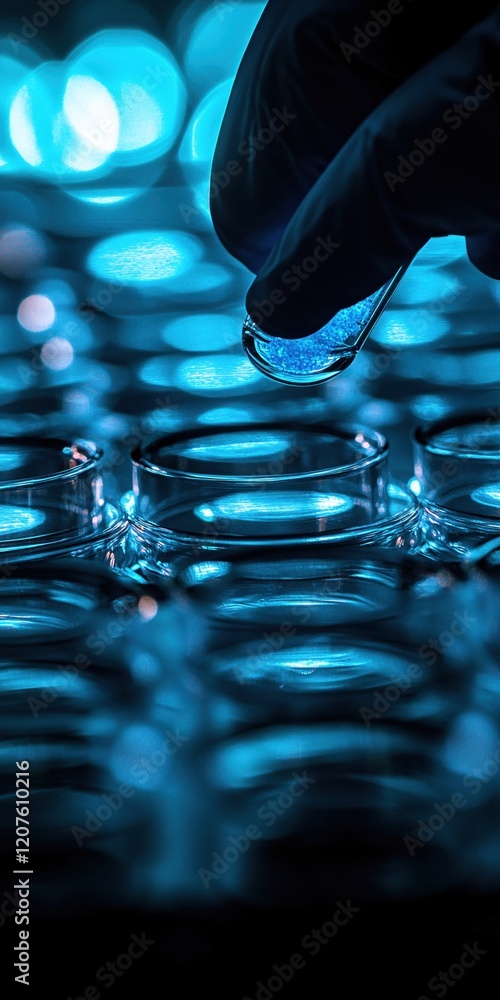 Poster gloved hand adding blue substance to glass containers in lab setting