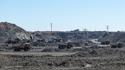 Busy coal mine with mining trucks and machinery under blue sky