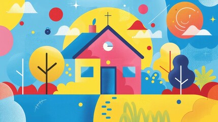 Vibrant Abstract Illustration of a Village Church