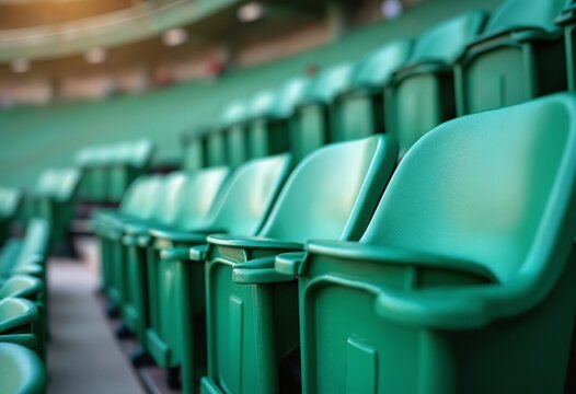 Green tribunes. seats of tribune on sport stadium. empty outdoor arena. concept of fans. chairs for audience. cultural environment concept. color and symmetry. empty seats. modern stadium