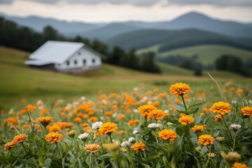 Fototapeta premium A lush cluster of zinnia flowers growing wild along a rural roadside, with rolling hills in the background