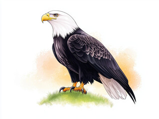Fototapeta premium majestic eagle stands proudly on grassy patch, showcasing its striking black and white feathers, sharp beak, and powerful talons. This illustration captures essence of wild beauty and strength