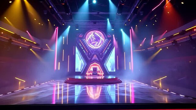 Empty Gaming Arena Stage with Neon Lights and Spotlights