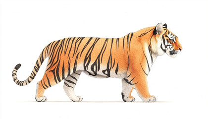 Obraz premium detailed illustration of tiger walking gracefully, showcasing its vibrant orange fur and distinctive black stripes. artwork captures majestic essence of this wild animal